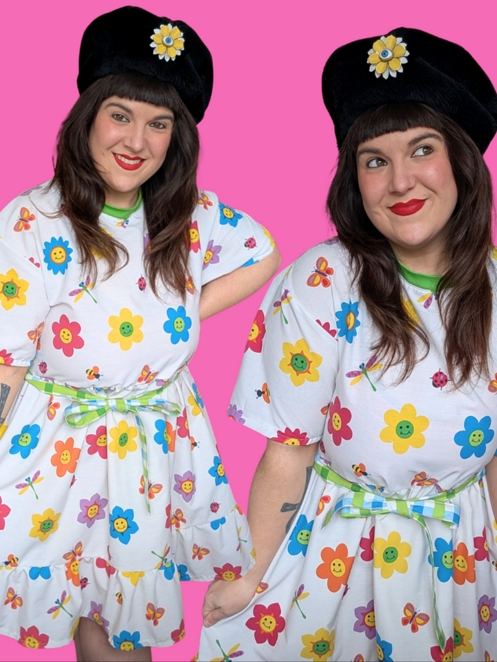 Handmade, Upcycled Y2K Smiley Face Flowers Dress Oversized S-M, Fitted L-XL